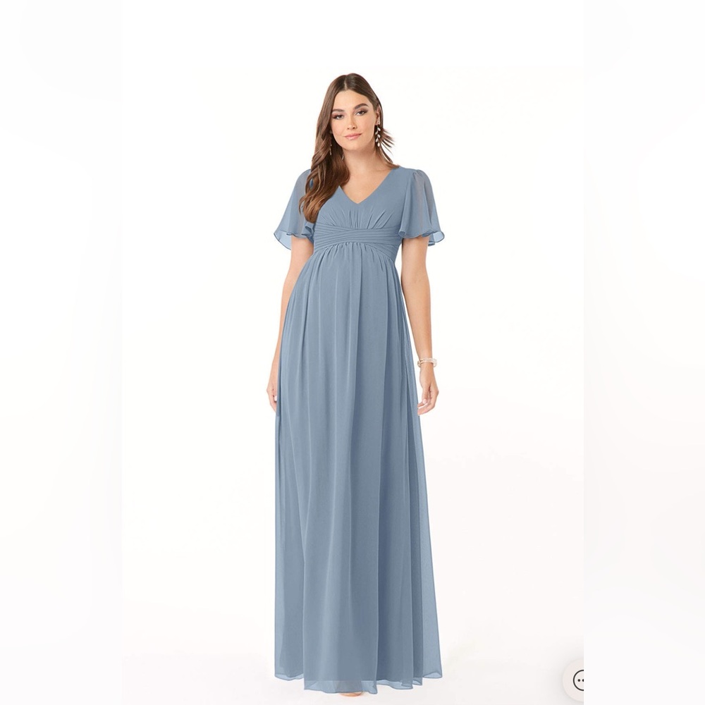Azazie Verna Flowy V-Neck Ruched Chiffon Long Dress dusty blue